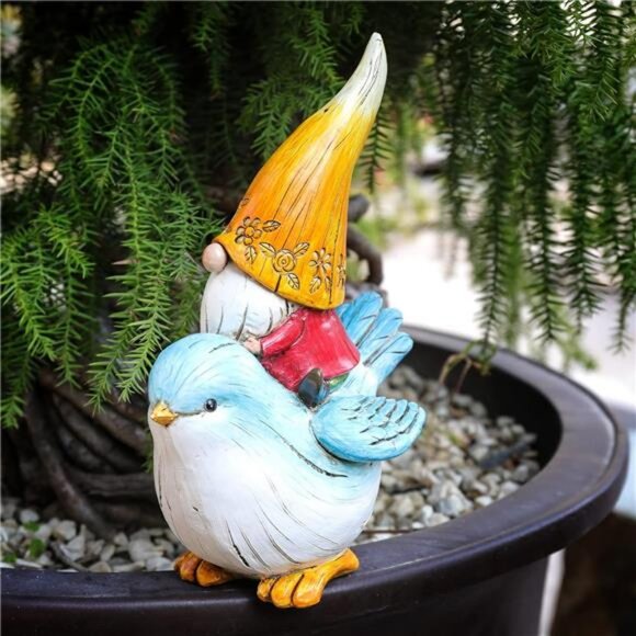 Garden Gnome Statue Outdoor Decor - Garden Gnomes Sitting on Bird Statue - Picture 3 of 7